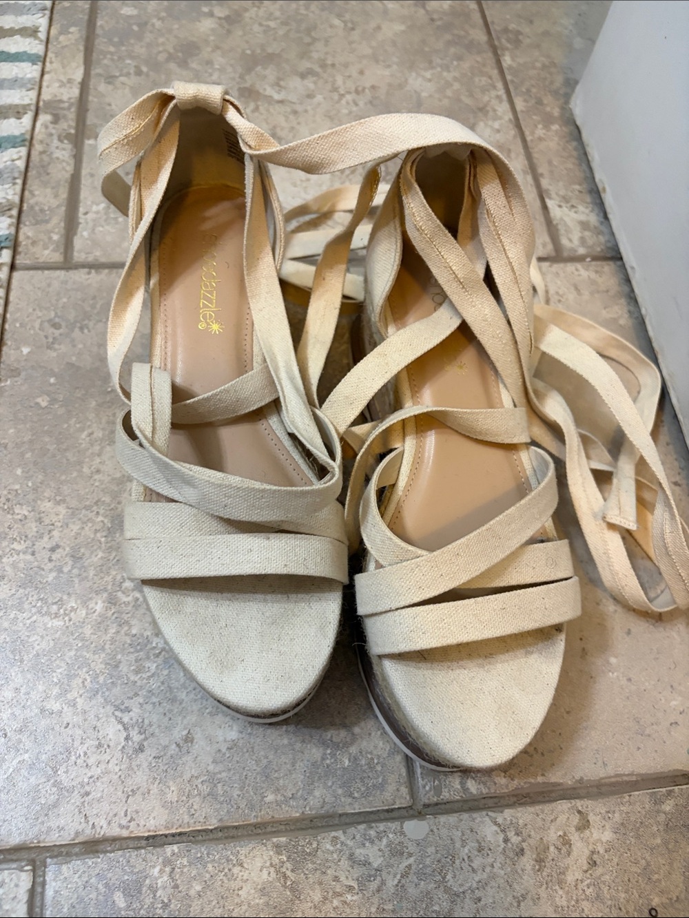 Shoe Dazzle Neutral Canvas Wrap-Ankle Wedge Sandals